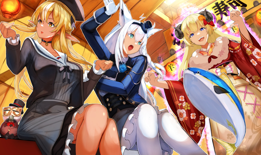 3girls absurdres animal_ears blonde_hair breasts dark-skinned_female dark_skin dress elf fox_ears fox_girl fox_tail highres hololive horns huge_filesize japanese_clothes kimono kintsuba_(shiranui_flare) large_breasts maruno_ball multiple_girls pinstripe_dress pinstripe_pattern pointy_ears red_kimono sheep_ears sheep_girl sheep_horns shirakami_fubuki shiranui_flare silver_hair smile striped tail tsunomaki_watame victorian violet_eyes virtual_youtuber white_hair