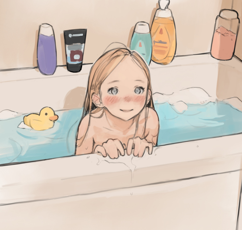 1girl bath bathing bathtub blonde_hair blue_eyes blush closed_mouth highres long_hair looking_at_viewer luimiart original rubber_duck shampoo_bottle smile solo water wet wet_hair