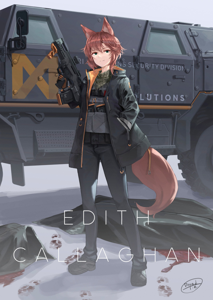 1girl absurdres animal_ears assault_rifle bullpup character_name dreadtie edith_connie_callaghan fox_ears fox_tail gloves green_eyes ground_vehicle gun highres humvee looking_at_viewer military motor_vehicle original redhead rifle short_hair smile solo tail weapon