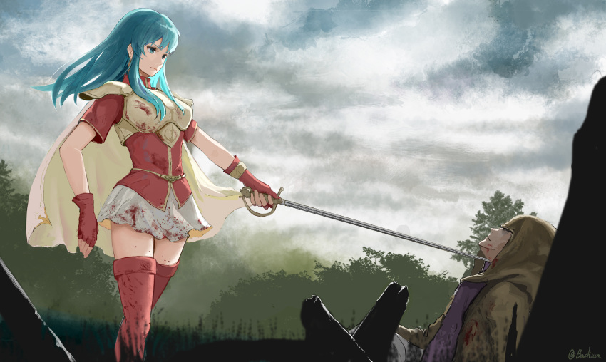 1boy 1girl absurdres armor blood bloody_clothes blue_eyes blue_hair boots breastplate clouds cloudy_sky eirika_(fire_emblem) fingerless_gloves fire_emblem fire_emblem:_the_sacred_stones gloves highres looking_at_another miniskirt rapier red_legwear samohichi shoulder_armor skirt sky sword sword_to_throat thigh-highs thigh_boots weapon white_skirt zettai_ryouiki