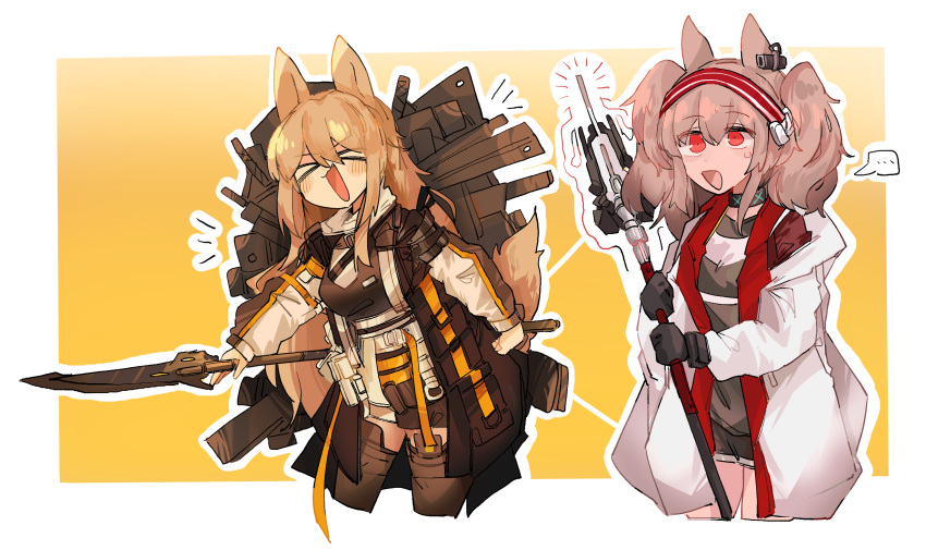 &gt;_&lt; ... 2girls :d angelina_(arknights) animal_ears arknights bangs black_choker black_jacket black_legwear black_shirt breasts brown_hair ceobe_(arknights) choker dog_ears dog_girl food fox_ears fox_girl hairband highres holding holding_spear holding_staff holding_weapon infection_monitor_(arknights) jacket long_hair long_sleeves medium_breasts meme multiple_girls odmised open_clothes open_jacket open_mouth orange_background polearm red_eyes red_hairband shirt smile spear spoken_ellipsis staff thigh-highs twintails two-tone_background two-tone_hairband upper_body very_long_hair weapon weapon_on_back white_background white_jacket