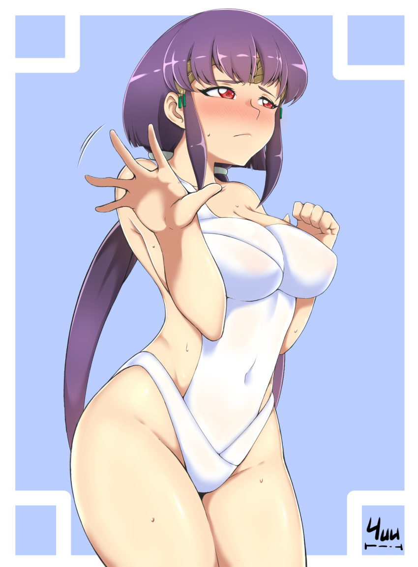 1girl bangs bare_arms bare_shoulders blue_background blush border breasts censored_yuu closed_mouth covered_navel cowboy_shot highres impossible_clothes large_breasts looking_away masaki_aeka_jurai nose_blush one-piece_swimsuit purple_hair red_eyes sidelocks simple_background solo swimsuit tenchi_muyou! thighs tiara twintails white_border