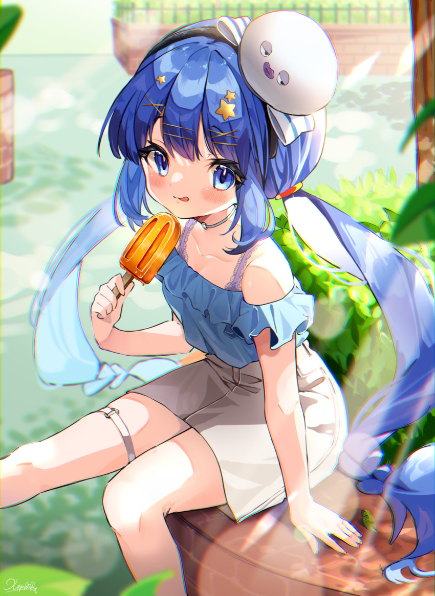 1girl :q bangs bare_shoulders blue_eyes blue_hair blue_shirt blush collarbone eel_hat feet_out_of_frame food hair_ornament hair_tie hairband hat highres holding holding_food koyubita leaf long_hair looking_at_viewer off-shoulder_shirt off_shoulder otomachi_una outdoors plant popsicle shirt signature skirt solo star_(symbol) star_hair_ornament thigh_strap tongue tongue_out twintails very_long_hair vocaloid white_skirt x_hair_ornament