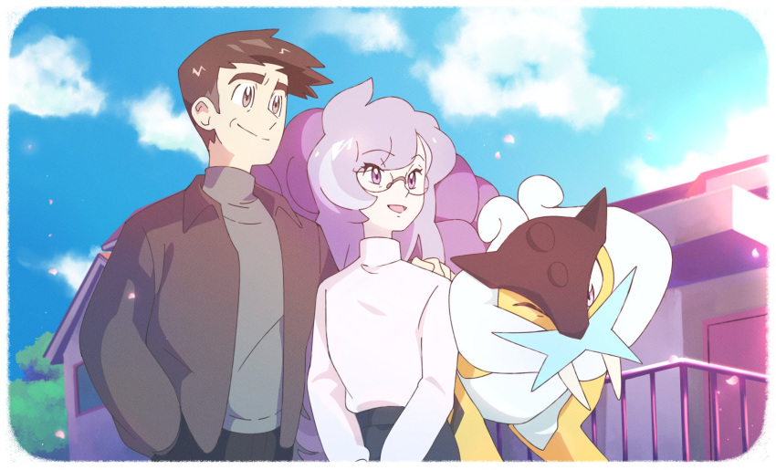 1boy 1girl anabel_(pokemon) bangs black_pants border brown_hair brown_jacket building closed_mouth clouds commentary day derivative_work english_commentary eyebrows_visible_through_hair eyelashes fence gen_2_pokemon glasses hand_on_another's_shoulder highres jacket legendary_pokemon long_hair looker_(pokemon) open_mouth outdoors pants pokemon pokemon_(creature) pokemon_(game) pokemon_dppt pokemon_emerald pokemon_platinum pokemon_rse poketoon purple_hair raikou screencap_redraw short_hair sky smile spiky_hair turtleneck undershirt vergolophus violet_eyes white_border window