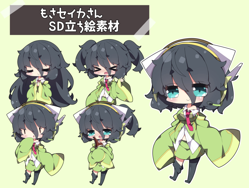 &gt;_&lt; 1girl :&lt; asymmetrical_legwear bangs black_hair black_legwear blue_eyes blush bottle breasts chibi closed_eyes closed_mouth collared_shirt commentary_request drooling eyebrows_visible_through_hair fang green_background green_jacket green_skirt hair_between_eyes headphones headset highres jacket kyoumachi_seika large_breasts long_sleeves milkpanda mouth_drool multiple_views navel necktie nose_blush object_hug open_mouth parted_lips ponytail red_neckwear shirt short_eyebrows skirt sleeves_past_fingers sleeves_past_wrists thick_eyebrows thigh-highs thighhighs_pull translation_request triangle_mouth voiceroid white_shirt wide_sleeves |_|
