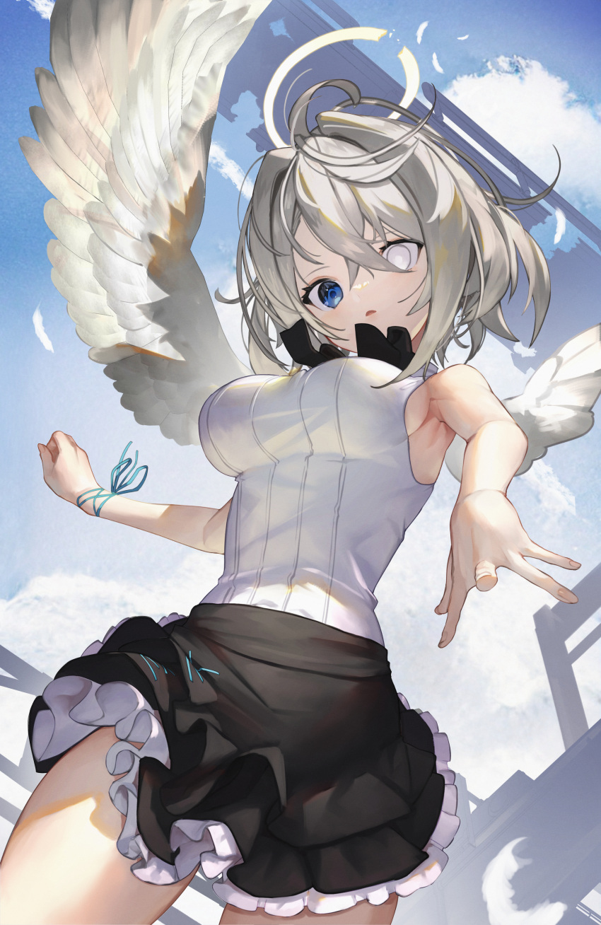 1girl absurdres angel angel_wings bangs bare_arms black_skirt blue_eyes blue_ribbon blue_sky breasts clouds commentary_request cowboy_shot day feathered_wings feathers frilled_skirt frills from_below hair_between_eyes halo heterochromia highres looking_at_viewer looking_down medium_breasts medium_hair original outdoors parted_lips ribbon scottie_(phantom2) shirt skirt sky sleeveless sleeveless_shirt solo white_eyes white_shirt wings wrist_ribbon