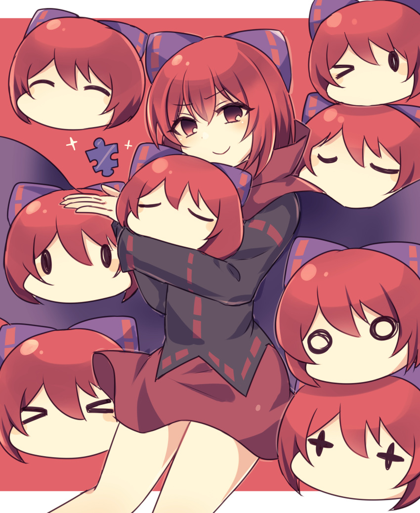 &gt;_&lt; &gt;_o +_+ 1girl ^_^ absurdres bangs black_shirt border bow cloak closed_eyes closed_mouth cowboy_shot disembodied_head expressions eyebrows_visible_through_hair hair_bow highres holding_head multiple_heads no_mouth o_o one_eye_closed purple_bow puzzle_piece red_background red_eyes red_skirt redhead sekibanki sekibanki_day shirt short_hair simple_background skirt smile solid_oval_eyes solo subaru_(subachoco) touhou white_border