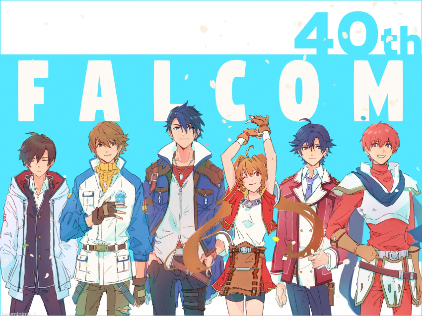 1girl 5boys adol_christin ahoge anniversary ao_no_kiseki armor arms_up bangs belt belt_pouch bike_shorts black_gloves black_hair black_jacket black_pants blue_background blue_hair blue_jacket brown_eyes brown_gloves brown_hair brown_pants closed_eyes closed_mouth coat collared_shirt commentary copyright_name cowboy_shot dog_tags eiyuu_densetsu estelle_bright expressionless eyebrows_visible_through_hair falcom fingerless_gloves floating_hair gloves grin hair_between_eyes hand_on_own_chest hands_in_pockets highres hooded_coat jacket kuro_no_kiseki leather leather_gloves lloyd_bannings long_hair looking_at_viewer miche_(locominima) miniskirt multiple_boys necktie one_eye_closed pants petals pouch purple_neckwear rean_schwarzer red_eyes red_jacket red_pants red_shirt red_skirt redhead ribbed_sweater school_uniform sen_no_kiseki shirt short_hair shorts shorts_under_skirt shoulder_armor simple_background skirt smile sora_no_kiseki spiky_hair sweater swept_bangs tokisaka_kou tokyo_xanadu turtleneck turtleneck_sweater twintails two-tone_jacket uniform van_arkride violet_eyes white_coat white_jacket white_shirt wing_collar yellow_sweater ys zero_no_kiseki