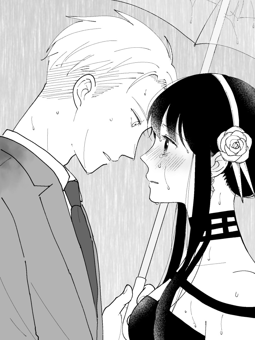 1boy 1girl blush breasts closed_mouth commentary couple datsuko_(momojam_koubou) dress earrings face-to-face flower formal from_side greyscale hair_flower hair_ornament hairband hetero highres holding holding_umbrella jacket jewelry medium_breasts monochrome necktie pants profile rain shared_umbrella short_hair short_hair_with_long_locks sidelocks sleeveless sleeveless_dress spy_x_family suit tasogare_(spy_x_family) tears umbrella undercut upper_body wet wet_clothes yoru_briar