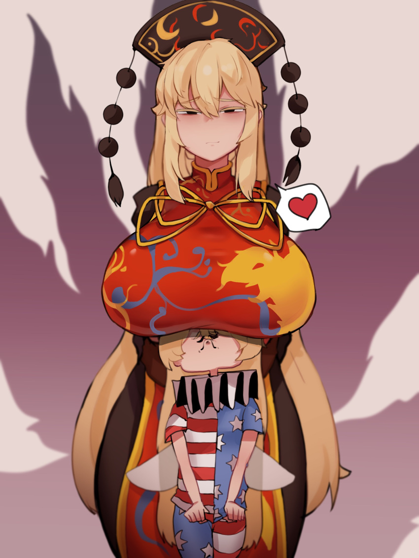 2girls american_flag_dress american_flag_legwear beige_background black_dress black_eyes black_headwear blonde_hair breast_rest breasts clownpiece doro_au dress fairy_wings hat heart height_difference highres huge_breasts junko_(touhou) light_smile multiple_girls pantyhose short_sleeves spoken_heart star_(symbol) star_print striped tabard touhou wings