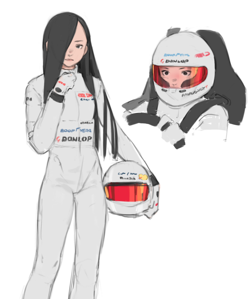 1girl black_hair bodysuit closed_mouth driving hair_over_one_eye helmet highres holding holding_helmet long_hair luimiart one_eye_covered original pilot pilot_suit wide-eyed