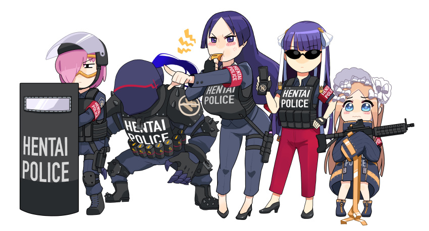 1boy 4girls abigail_williams_(fate) absurdres armlet assault_rifle bangs black_footwear blowing_whistle blue_eyes blush body_armor breasts bulletproof_vest coat fate/grand_order fate_(series) fingerless_gloves gloves gun hair_over_one_eye hair_ribbon hand_on_hip helmet high_heels highres lancelot_(fate/grand_order) large_breasts martha_(fate) mash_kyrielight mask minamoto_no_raikou_(fate) monkey_jon multiple_girls pants parted_bangs pink_hair pointing police police_badge police_uniform policewoman purple_hair red_pants ribbon rifle shield standing sunglasses uniform violet_eyes wavy_mouth weapon white_headwear