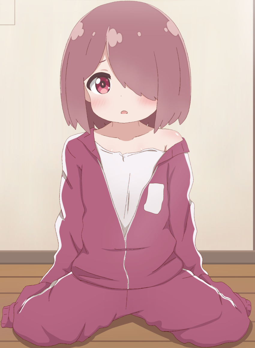 1girl absurdres bangs bare_shoulders blush brown_eyes brown_hair collarbone hair_over_one_eye highres hoshino_miyako_(wataten) jacket long_sleeves looking_at_viewer medium_hair off_shoulder pants parted_lips poa_mellhen red_jacket red_pants shirt sidelocks sitting sleeves_past_fingers sleeves_past_wrists solo swept_bangs wariza watashi_ni_tenshi_ga_maiorita! white_shirt wooden_floor younger