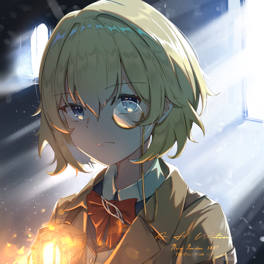 1girl blonde_hair blue_eyes bob_cut bow bowtie character_name dated frown highres hololive hololive_english jacket jl_tan lantern light_particles monocle snow solo virtual_youtuber watson_amelia wavy_hair window