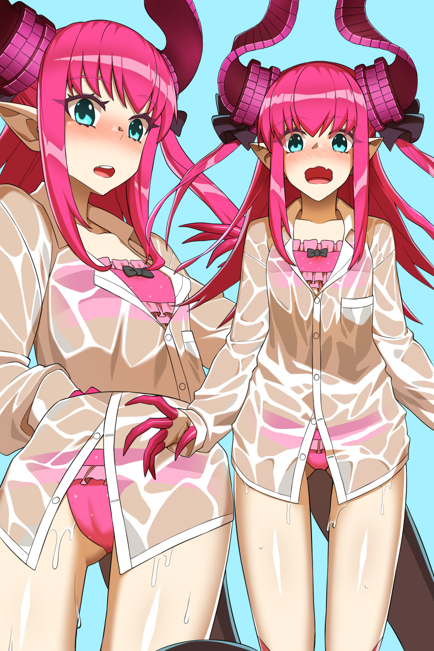 1girl absurdres asymmetrical_horns bangs bikini bikini_under_clothes blue_eyes blush breasts collared_shirt curled_horns dragon_girl dragon_horns dragon_tail dress_shirt elizabeth_bathory_(fate) elizabeth_bathory_(fate)_(all) fate/extra fate_(series) hair_ribbon highres horns hyperbudd long_hair long_sleeves looking_at_viewer multiple_views open_mouth pink_bikini pink_hair pointy_ears ribbon shirt small_breasts swimsuit tail thighs two_side_up wet wet_clothes white_shirt