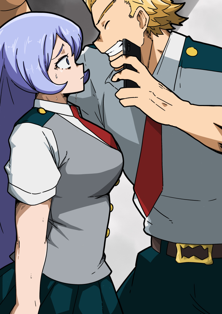 1boy 1girl absurdres arm_up belt black_pants black_skirt blonde_hair blue_hair boku_no_hero_academia breasts closed_eyes cowboy_shot face-to-face from_side grey_shirt grin hadou_nejire hand_up highres holding holding_phone large_breasts long_hair mark_gavatino necktie pants phone pleated_skirt red_neckwear school_uniform shirt short_necktie short_sleeves skirt smile sweat togata_mirio u.a._school_uniform vest wall_slam wide-eyed