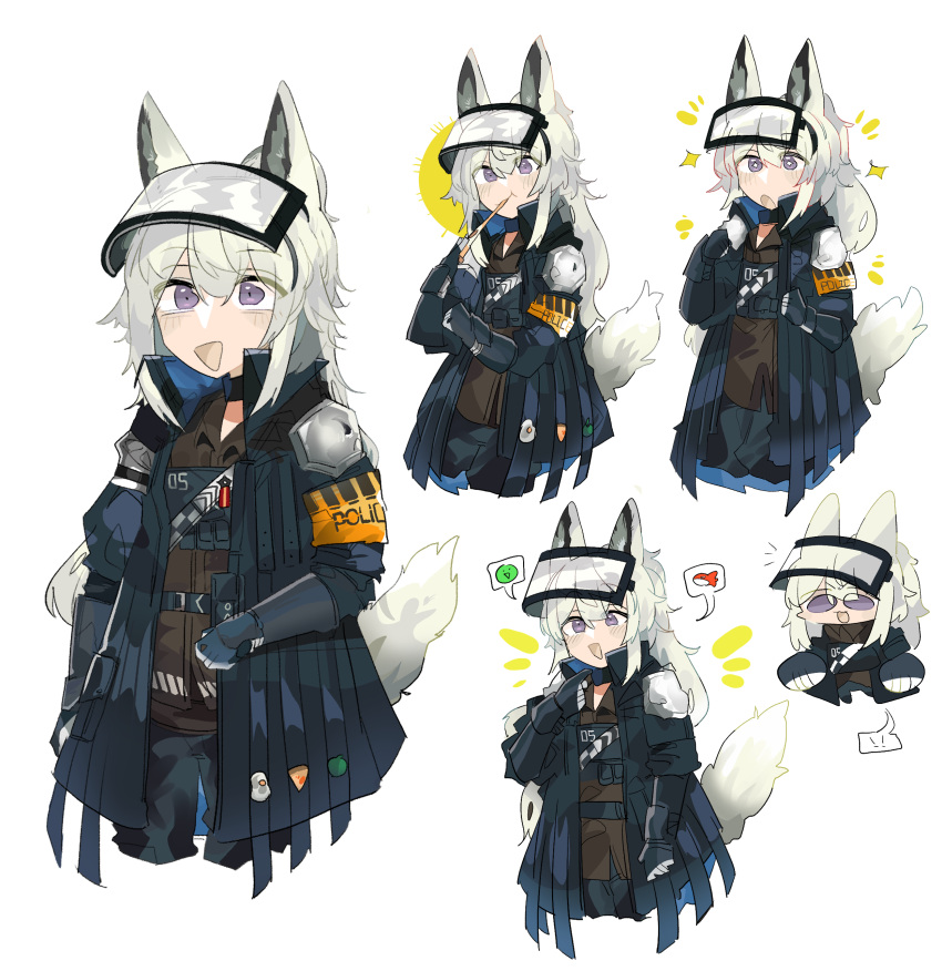 5girls :d :o absurdres animal_ears arknights armband blue_gloves eating food gloves grani_(arknights) grey_hair highres hip_vent holding holding_food holding_pizza holding_weapon horse_ears horse_girl horse_tail jacket long_hair looking_at_viewer multiple_girls odmised open_mouth pizza pizza_slice police police_uniform simple_background smile solo speech_bubble tail uniform upper_body violet_eyes visor_cap weapon white_background