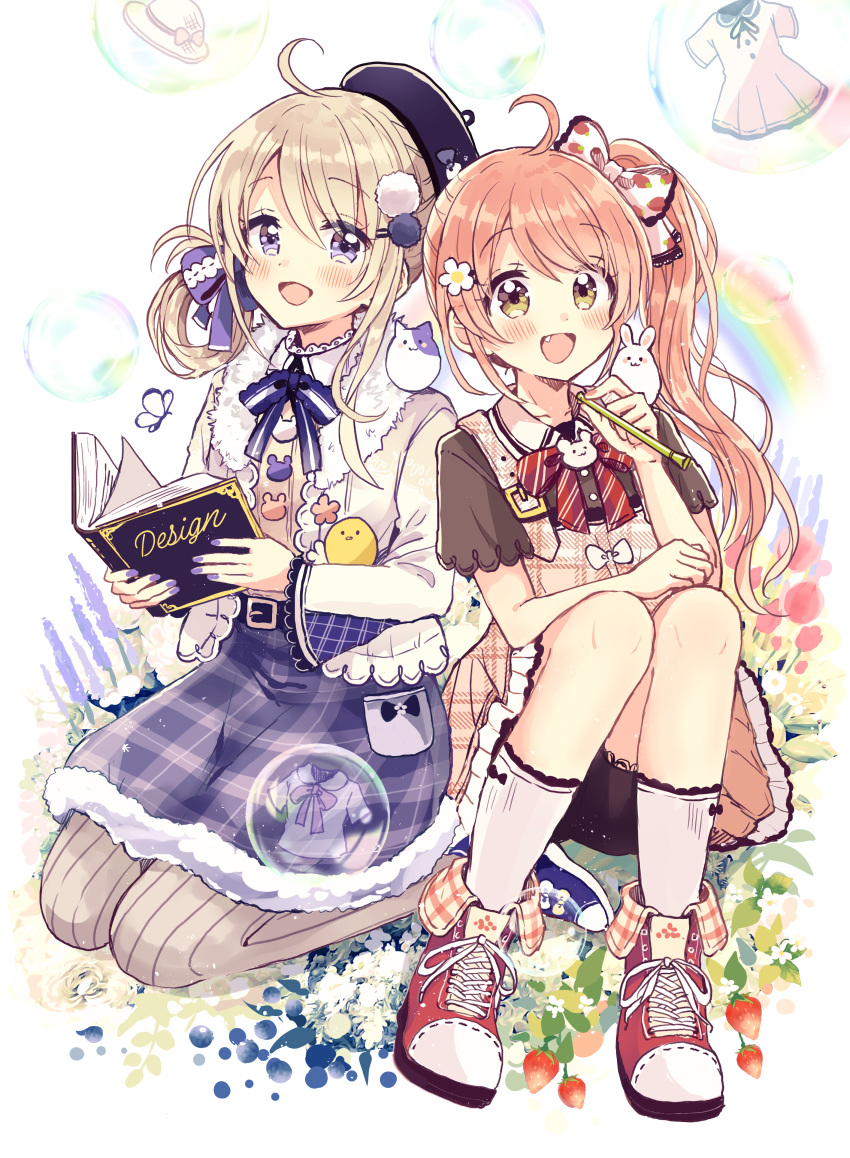 2girls :d absurdres ahoge bangs beret black_headwear blue_bow blue_eyes blue_footwear blush bow brown_dress brown_eyes brown_hair brown_shirt collared_shirt commentary_request dress eyebrows_visible_through_hair fang food_print fur-trimmed_skirt fur_trim grey_legwear hair_between_eyes hair_bow hair_rings hat highres knees_up long_hair looking_at_viewer multiple_girls open_mouth original pantyhose plaid plaid_dress plaid_skirt print_bow red_footwear sakura_oriko seiza shirt shoes short_sleeves side_ponytail sitting skirt sleeveless sleeveless_dress smile socks strawberry_print striped striped_legwear unmoving_pattern vertical-striped_legwear vertical_stripes very_long_hair white_bow white_legwear