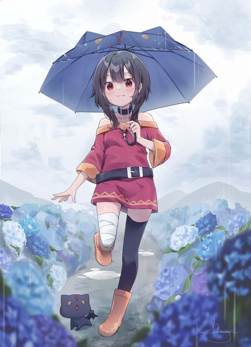 1girl animal animal_ears artist_name bandaged_leg bandages bangs bare_shoulders belt black_cat black_choker black_hair black_legwear black_umbrella boots cat cat_ears choker collarbone commentary_request dress flower full_body girly_running highres holding hydrangea kono_subarashii_sekai_ni_shukufuku_wo! light_blush looking_at_viewer medium_hair megumin messy_hair multicolored multicolored_clothes nature nut_megu outdoors puddle rain red_dress red_eyes rubber_boots running short_hair standing standing_on_one_leg thigh-highs umbrella yellow_footwear