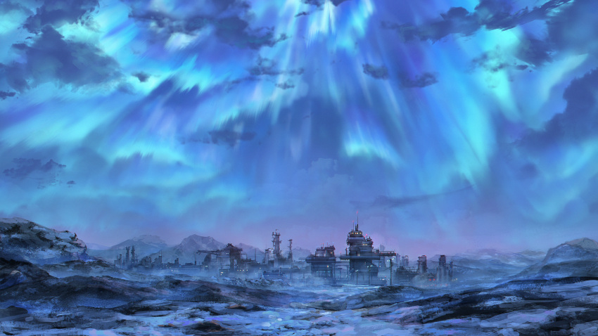 absurdres aurora building clouds commentary_request game_cg girls_frontline highres manha_utsutsuki no_humans official_art outdoors scenery