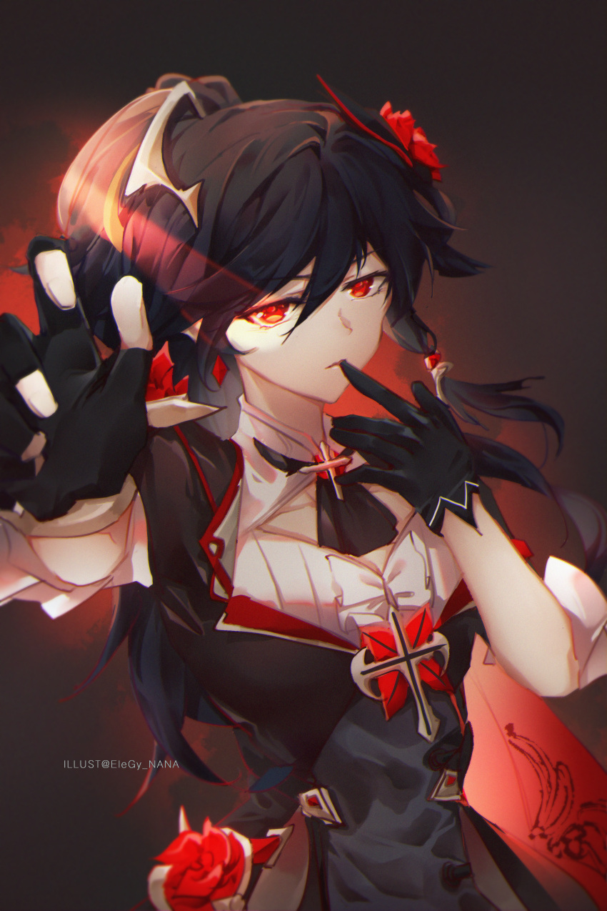 1girl absurdres alternate_eye_color alternate_hair_color black_hair flower fu_hua gloves hair_flower hair_ornament highres honkai_(series) honkai_impact_3rd huge_filesize looking_at_viewer nana895 ponytail red_background red_eyes red_flower rose solo vampire