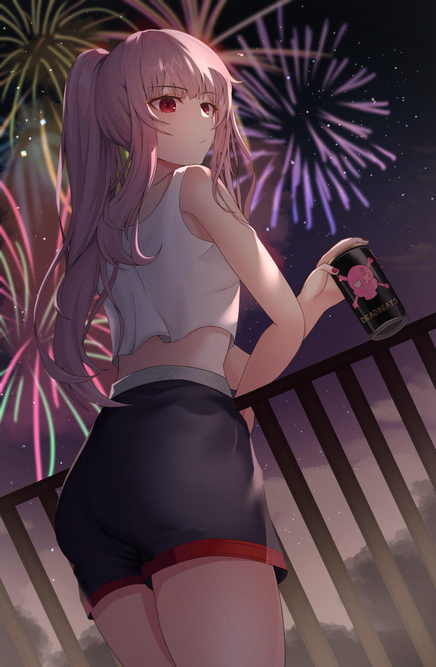1girl absurdres aerial_fireworks alternate_costume ass bangs bare_arms black_shorts blurry blurry_background can clouds commentary cowboy_shot crop_top dutch_angle expressionless eyebrows_visible_through_hair fingernails fireworks from_behind from_below highres holding holding_can hololive hololive_english hwa_n01 leaning_on_rail long_hair looking_to_the_side mori_calliope night outdoors pink_hair ponytail railing red_eyes red_nails shirt shorts skull_and_crossbones sky sleeveless sleeveless_shirt solo standing star_(sky) starry_sky very_long_hair virtual_youtuber white_shirt