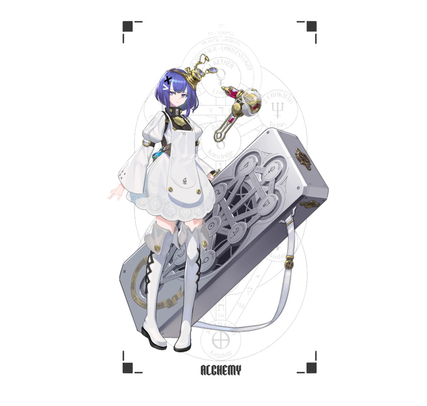 1girl absurdres belt blue_eyes blue_hair boots briefcase commentary_request dress english_text expressionless full_body goggles goggles_on_head hair_ornament hairclip highres holding holding_briefcase jinyu_lao_honglingjin looking_at_viewer magnifying_glass mars_symbol original short_hair solo thigh-highs thigh_boots tree_of_life venus_symbol vial white_background white_dress
