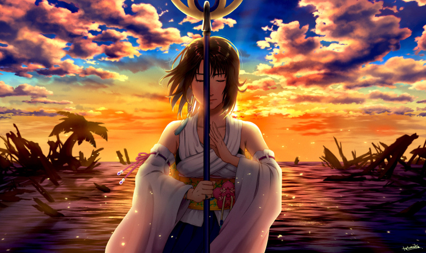 1girl brown_hair closed_mouth clouds detached_sleeves final_fantasy final_fantasy_x hair_ornament highres holding japanese_clothes medium_hair open_mouth solo staff tatsunaka_(tx3) water weapon yuna_(ff10)