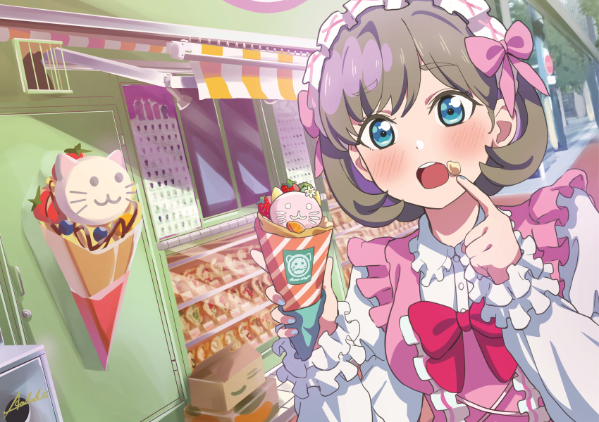 :3 absurdres al_aoi_aoba blue_eyes blue_nails blush bow cream cream_on_face crepe dress food food_on_face frilled_dress frilled_hairband frills grey_hair hairband highres love_live! love_live!_superstar!! nail_polish open_mouth pointing pointing_at_self road short_hair street tang_keke teeth