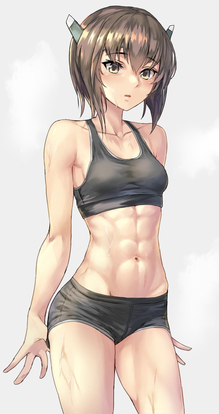 1girl abs bare_arms bare_legs bare_shoulders black_swimsuit brown_eyes brown_hair collarbone cowboy_shot eyebrows_visible_through_hair grey_background hair_between_eyes headgear highres kantai_collection kokuzou looking_at_viewer short_hair simple_background solo sports_bikini sportswear swimsuit taihou_(kancolle)