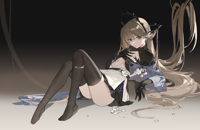 1girl absurdres arknights belt black_gloves black_legwear blonde_hair breasts closed_mouth dark_background dress flower gloves hair_in_mouth hair_ornament hand_on_own_chest highres id_card indigo_(arknights) knees_up long_hair long_sleeves looking_at_viewer lying no_shoes on_back pointy_ears short_dress small_breasts solo thigh-highs torn_clothes torn_legwear under_boob very_long_hair violet_eyes white_flower yeyuanqianqianqian