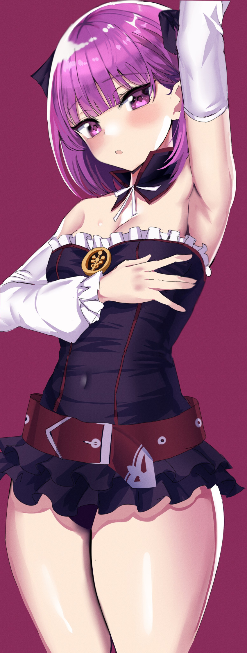 1girl absurdres arm_up armpits bangs bare_shoulders belt black_dress breasts detached_collar dress fate/grand_order fate_(series) hanasaka_houcha helena_blavatsky_(fate) highres long_sleeves looking_at_viewer open_mouth purple_hair short_dress short_hair small_breasts solo thighs violet_eyes
