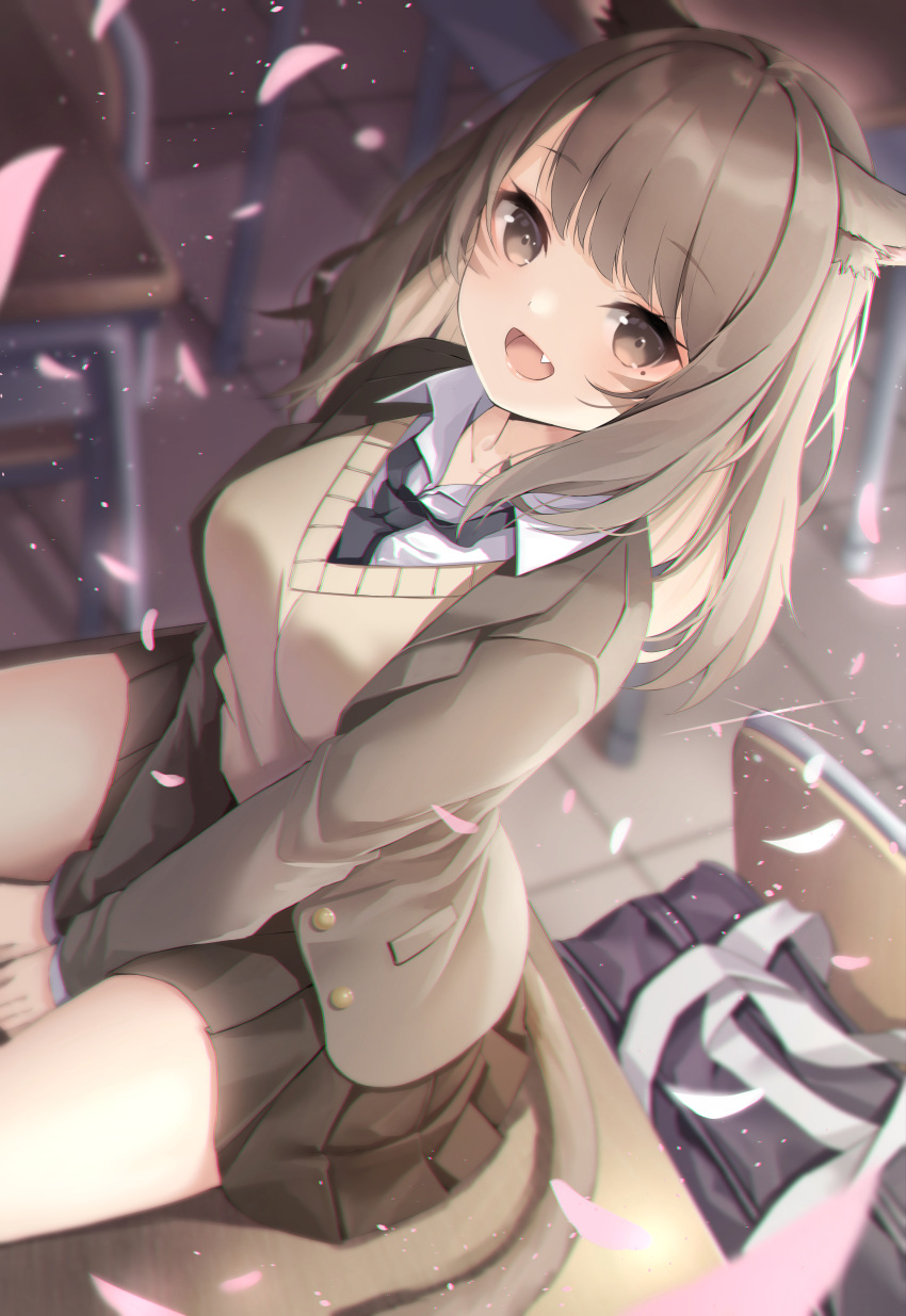 1girl :d absurdres amahara_pekozaemon animal_ear_fluff animal_ears bag bangs between_legs black_neckwear blazer blurry blurry_background blush breasts brown_eyes brown_hair brown_jacket brown_skirt cat_ears cat_girl cat_tail chair collared_shirt depth_of_field desk eyebrows_visible_through_hair fang final_fantasy final_fantasy_xiv hand_between_legs highres indoors jacket long_hair long_sleeves looking_at_viewer medium_breasts miqo'te mole mole_under_eye on_desk open_clothes open_jacket open_mouth petals pleated_skirt school_bag school_chair school_desk school_uniform shirt sitting sitting_on_desk skirt sleeves_past_wrists smile solo sweater_vest tail white_shirt