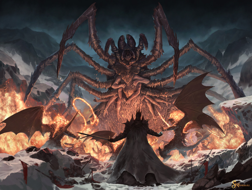 absurdres armor artist_name balrog_(lord_of_the_rings) battle commentary crown demon english_commentary extra_arms fire from_behind full_armor giant giant_monster highres holding holding_sword holding_weapon legendarium monster morgoth snow sword the_lord_of_the_rings tsrodriguez ungoliant weapon whip