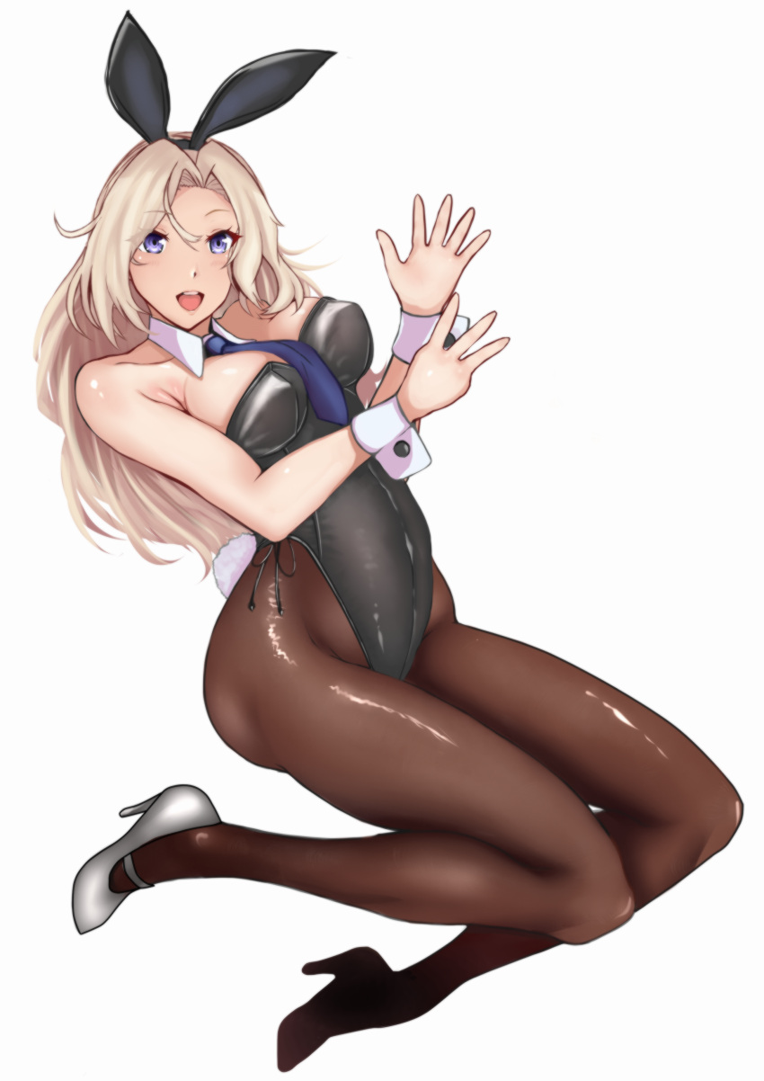 1girl absurdres animal_ears black_legwear black_leotard blonde_hair blue_eyes blue_neckwear breasts bunny_tail detached_collar highres hornet_(kancolle) kantai_collection large_breasts leotard lips long_hair looking_at_viewer open_mouth pantyhose playboy_bunny r31harutan rabbit_ears simple_background smile solo strapless strapless_leotard tail upper_teeth white_background white_footwear wrist_cuffs
