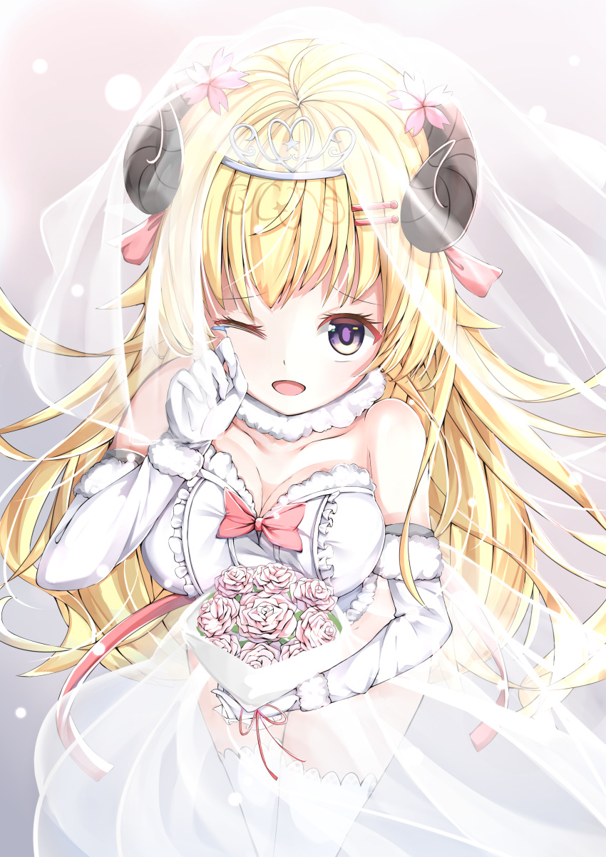 1girl absurdres aliaryuki animal_ears bare_shoulders blonde_hair bouquet breasts bridal_veil bride center_frills collarbone detached_collar dress elbow_gloves flower frilled_dress frills fur-trimmed_gloves fur_collar fur_trim gloves hair_ornament hairclip happy_tears highres holding holding_bouquet hololive horns large_breasts long_hair looking_at_viewer open_mouth sheep_ears sheep_girl sheep_horns smile solo tears tsunomaki_watame veil very_long_hair violet_eyes virtual_youtuber wedding wedding_dress white_dress white_gloves