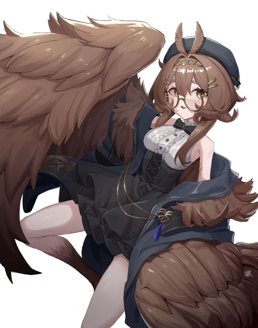 1girl absurdres aoaoaoao_(baiyanheibing) bangs beret black_bow black_skirt blue_headwear blue_jacket bow breasts brown_eyes brown_hair brown_wings chinese_commentary clover_theater commentary_request feathered_wings glasses hair_ornament hairpin harpy hat high-waist_skirt highres jacket long_hair looking_at_viewer medium_breasts monster_girl norris_(clover_theater) semi-rimless_eyewear shirt skirt sleeveless sleeveless_shirt solo thick_eyebrows white_background white_shirt winged_arms wings