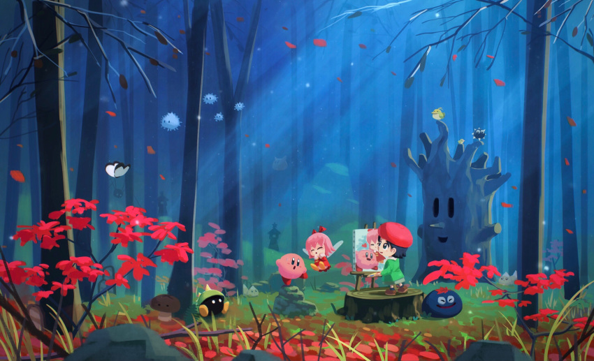 2girls adeleine black_hair bug butterfly chip_(kirby) dress easel flower forest gooey gordo grass highres insect kirby kirby's_dream_land_3 kirby_(series) kirby_64 mariel_(kirby) multiple_girls nature pasara_(kirby) pink_hair pitch_(kirby) punc_(kirby) red_dress red_headwear ribbon_(kirby) rock scarfy smile smock suyasuyabi whispy_woods