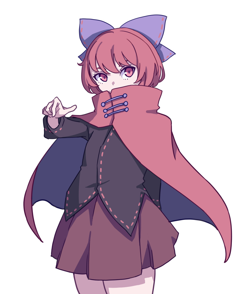 1girl absurdres bangs black_hair bow cloak covered_mouth cowboy_shot eyebrows_behind_hair hair_bow highres kame_(kamepan44231) long_sleeves looking_at_viewer one-hour_drawing_challenge pleated_skirt purple_bow red_eyes red_skirt redhead sekibanki short_hair simple_background skirt solo standing touhou white_background