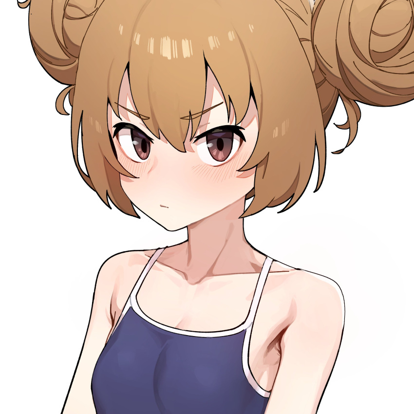 1girl absurdres aisaka_taiga alternate_hairstyle bangs bare_shoulders blue_swimsuit blush breasts brown_eyes brown_hair collarbone competition_school_swimsuit double_bun eyebrows_visible_through_hair frown grey_background highres portrait school_swimsuit shiny shiny_hair short_hair simple_background small_breasts solo stoll_(tmxhf) swimsuit toradora! v-shaped_eyebrows white_background