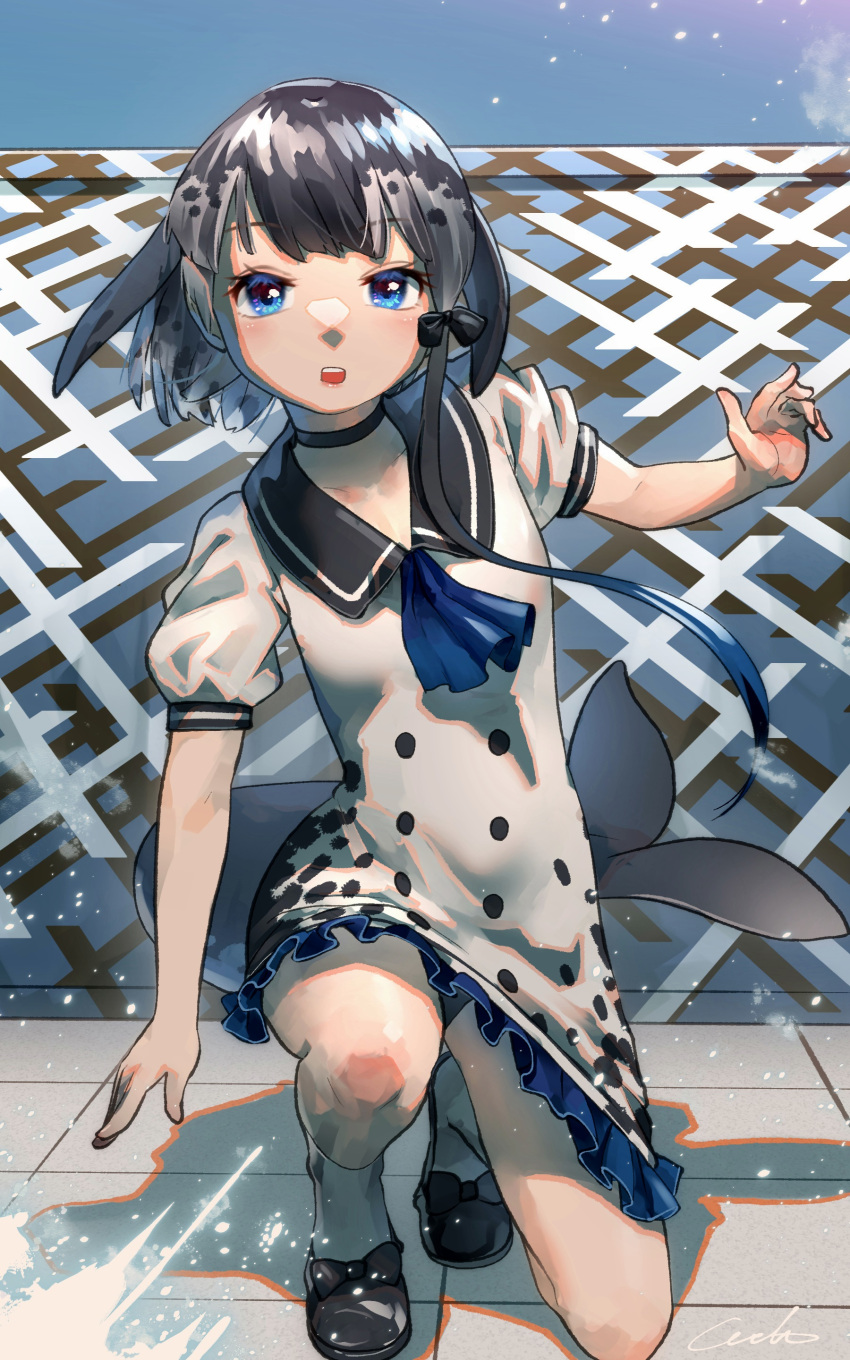 1girl absurdres ascot bangs black_choker black_footwear black_hair black_sailor_collar blue_eyes blue_neckwear choker commentary dolphin_tail dress eyebrows_visible_through_hair flippers frilled_dress frills grey_hair highres kemono_friends looking_at_viewer narwhal_(kemono_friends) one_knee open_mouth puffy_short_sleeves puffy_sleeves sailor_collar sailor_dress shoes short_hair_with_long_locks short_sleeves single_sidelock solo tail welt_(kinsei_koutenkyoku)