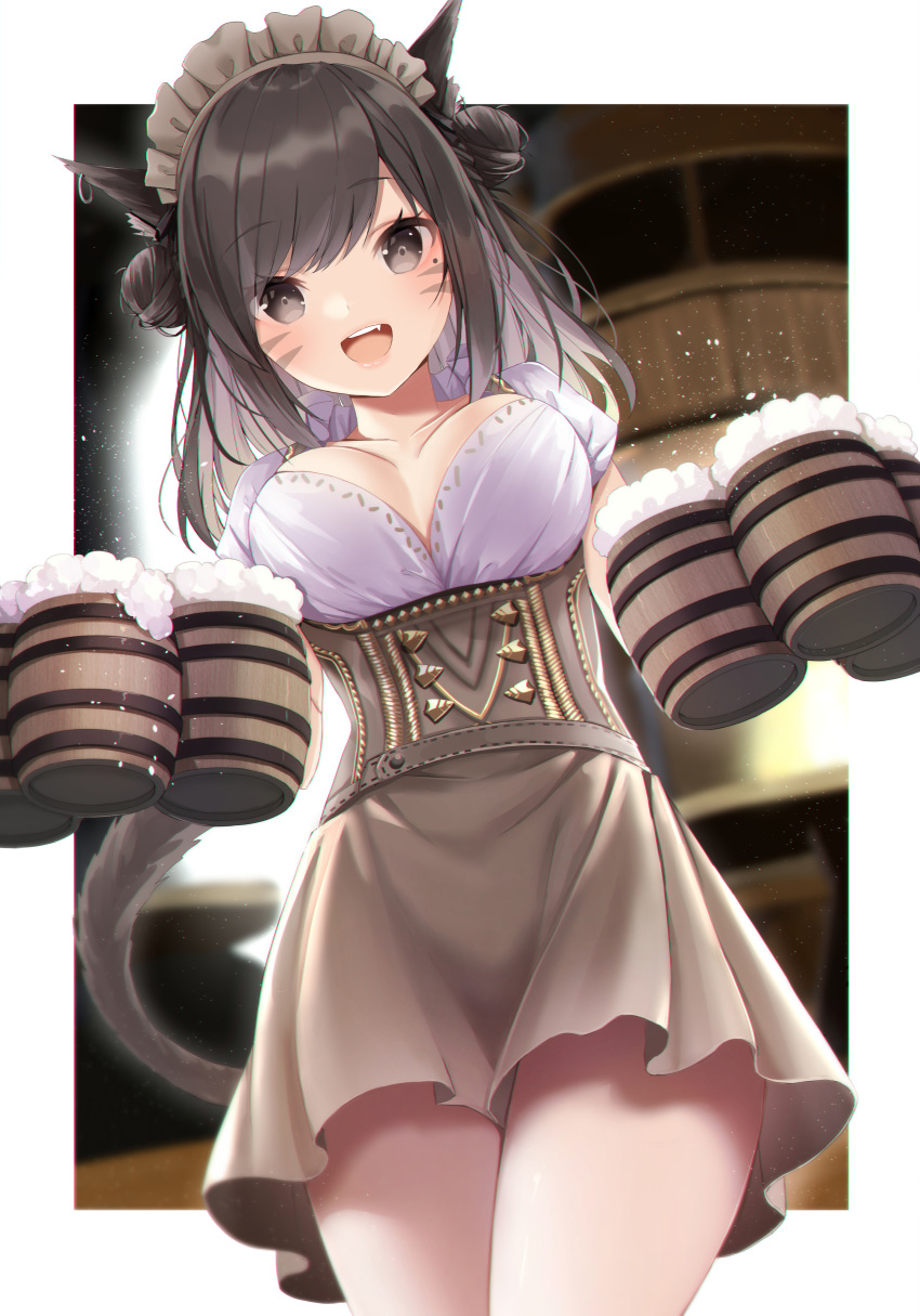 1girl :d absurdres alcohol amahara_pekozaemon animal_ear_fluff animal_ears bangs beer beer_mug black_hair blurry blurry_background breasts brown_eyes brown_skirt cat_ears cat_girl cat_tail collarbone cup depth_of_field double_bun ear_piercing eyebrows_visible_through_hair facial_mark fang final_fantasy final_fantasy_xiv highres holding holding_cup long_hair looking_at_viewer maid_headdress medium_breasts miqo'te mole mole_under_eye mug open_mouth piercing puffy_short_sleeves puffy_sleeves shirt short_sleeves skirt smile solo tail underbust waitress whisker_markings white_shirt