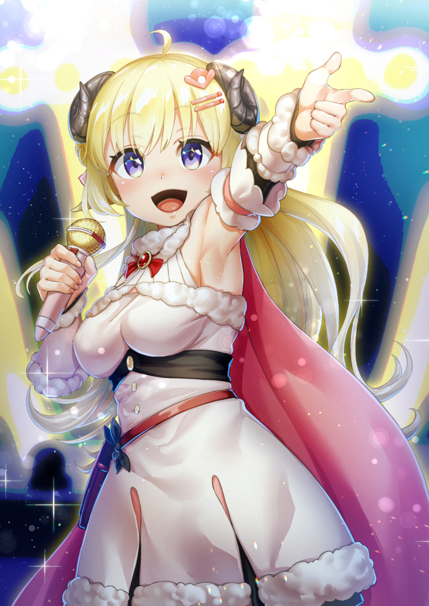 1girl :d ahoge animal_ears armpits belt_pouch blonde_hair blue_eyes breasts brooch cape detached_sleeves dress fur-trimmed_dress fur-trimmed_sleeves fur_trim hair_ornament hairclip highres holding holding_microphone hololive horns jewelry large_breasts long_hair looking_at_viewer microphone nisui_noki open_mouth pink_cape pointing pointing_at_viewer pouch sheep_ears sheep_girl sheep_horns sleeveless sleeveless_dress smile solo tsunomaki_watame underbust very_long_hair virtual_youtuber white_dress