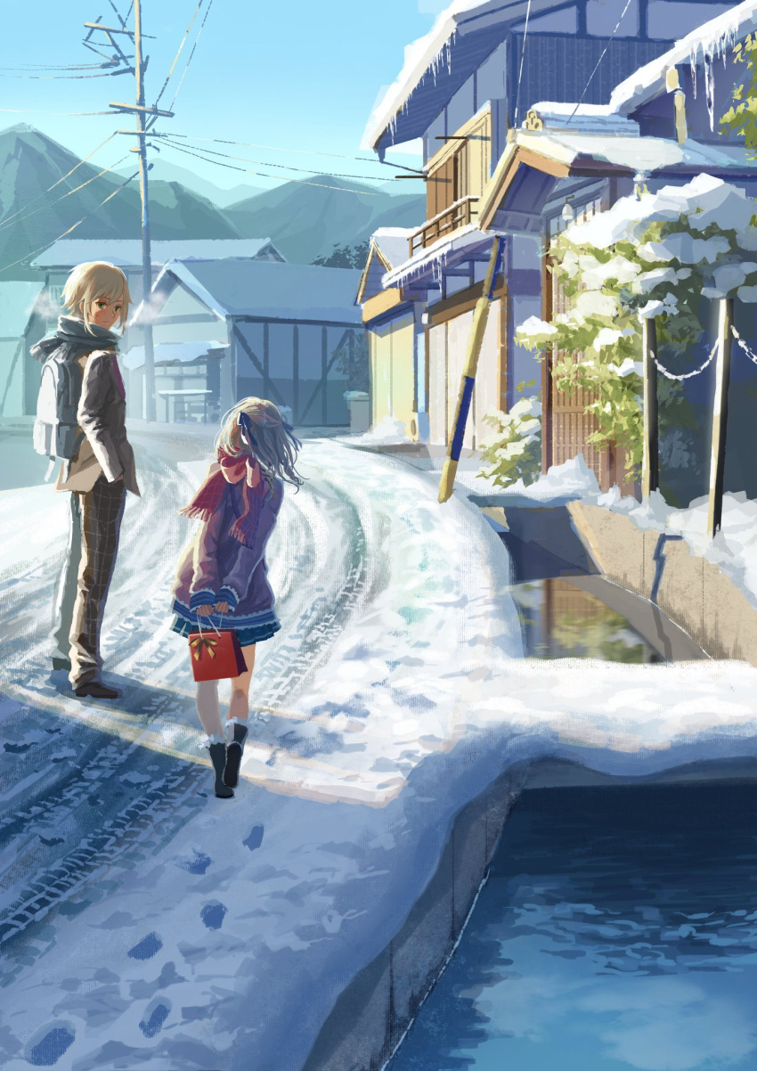 1boy 1girl arms_behind_back backpack bag black_ribbon blonde_hair breath commentary_request footprints full_body gift_bag green_eyes grey_hair hair_ribbon hands_in_pockets highres jacket looking_at_another makaino_ririmu medium_hair multicolored_hair nijisanji outdoors pants pink_hair plaid plaid_pants power_lines reflective_water ribbon scarf sidelocks skirt sky snow sunlight utility_pole uzuki_kou virtual_youtuber water winter yama_naosuke