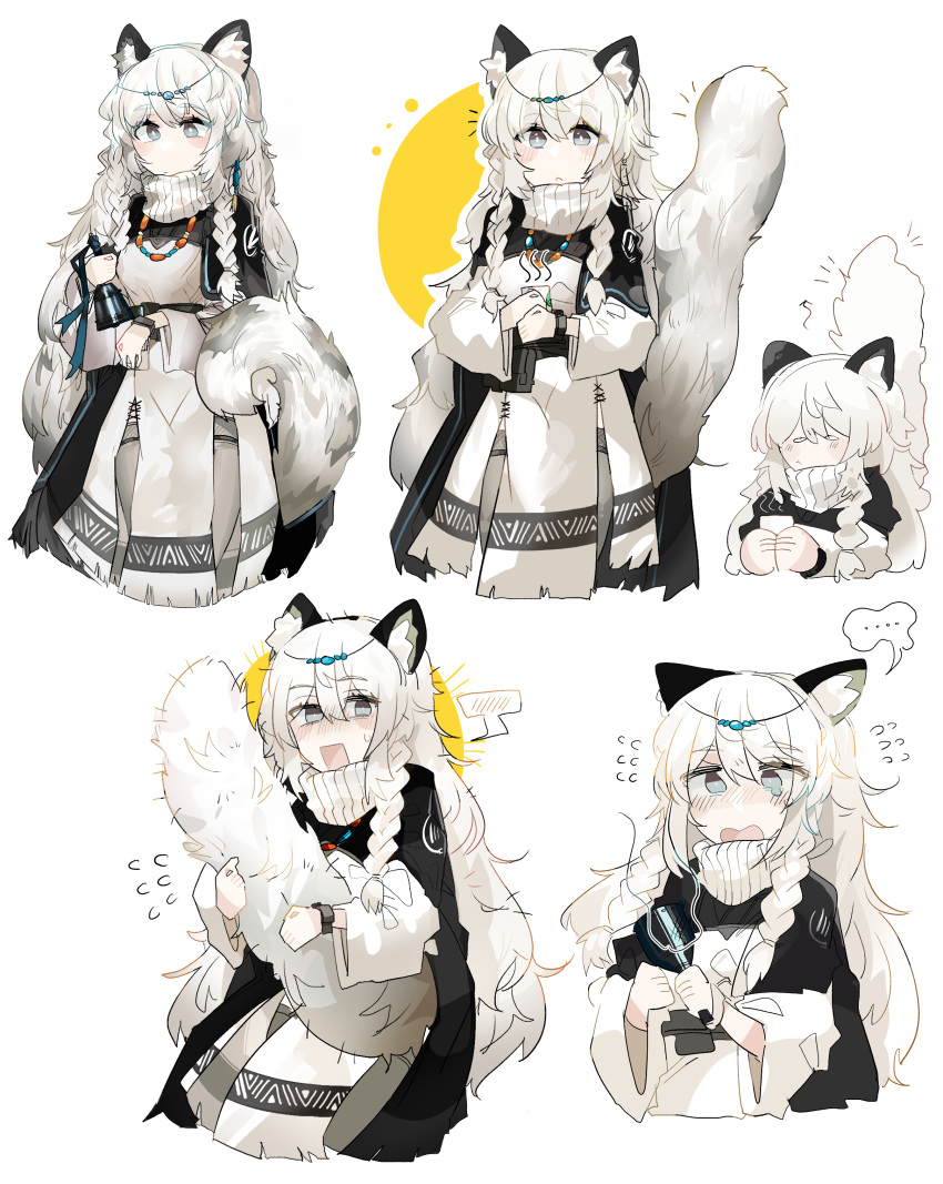 5girls absurdres animal_ear_fluff animal_ears arknights bead_necklace beads bell black_eyes blush braid breasts earrings hair_between_eyes highres holding holding_bell infection_monitor_(arknights) jewelry kjerag_logo leopard_ears leopard_tail long_hair medium_breasts multiple_girls multiple_persona necklace odmised pramanix_(arknights) ribbed_sweater scared side_braids silver_hair sweater tail tail_hug tassel tassel_earrings twin_braids upper_body white_background white_sweater