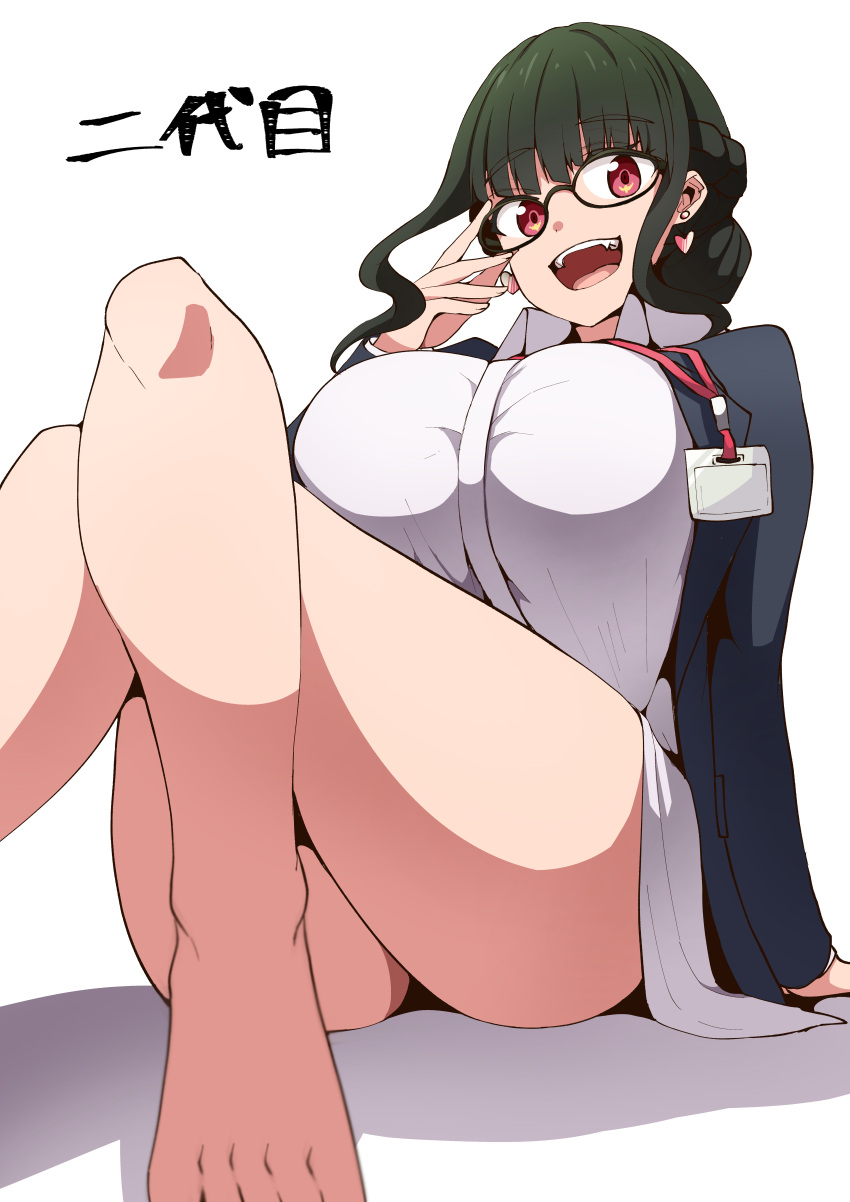 1girl absurdres anosillus_ii barefoot breasts brown_eyes collared_shirt earrings eyebrows_visible_through_hair fangs glasses green_hair grey_jacket gridman_universe hair_behind_ear heart heart_earrings highres id_card jacket jewelry koburakko large_breasts office_lady open_mouth shirt sitting smile solo ssss.dynazenon thighs white_background white_shirt