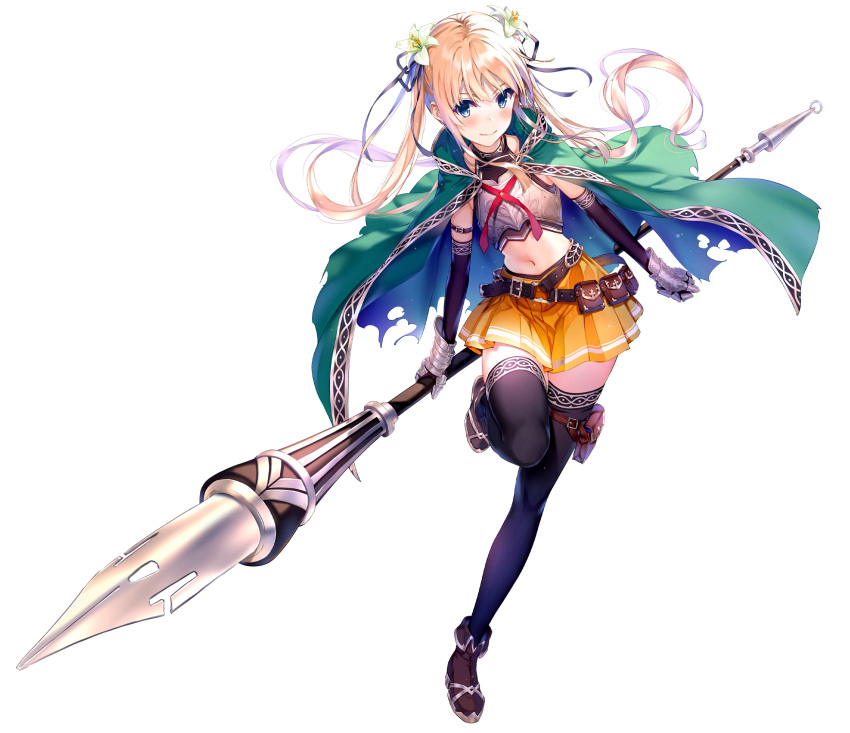 1girl ankle_boots armor bangs belt black_gloves black_legwear blonde_hair blue_eyes blush boots breastplate cape closed_mouth commentary_request elbow_gloves flower full_body gauntlets gloves green_cape hair_flower hair_ornament highres holding holster leg_up long_hair looking_at_viewer midriff misaki_kurehito navel official_art saenai_heroine_no_sodatekata sawamura_spencer_eriri simple_background skirt smile stomach thigh-highs thigh_holster tied_hair torn_cape torn_clothes twintails white_background yellow_skirt zettai_ryouiki