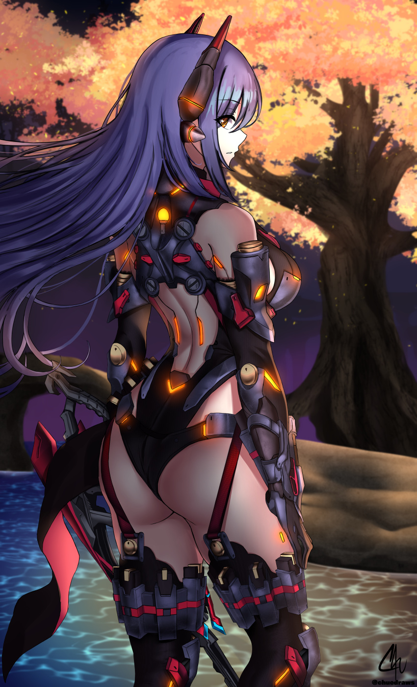 1girl absurdres android breasts chu-e headgear highleg highleg_leotard highres huge_filesize joints leotard long_hair poppi_(xenoblade) poppi_qtpi_(xenoblade) purple_hair robot_ears robot_joints scarf thigh-highs xenoblade_chronicles_(series) xenoblade_chronicles_2 yellow_eyes