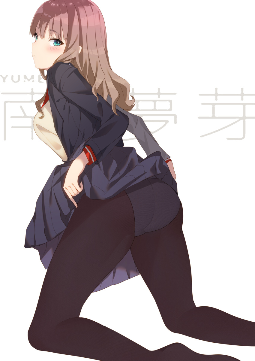 1girl absurdres ass black_jacket black_legwear black_skirt blazer breasts character_name clothes_lift expressionless eyebrows_visible_through_hair from_behind green_eyes gridman_universe hair_behind_ear highres jacket leaning_forward looking_at_viewer looking_back medium_breasts minami_yume panties panties_under_pantyhose pantyhose school_uniform skirt skirt_lift solo ssss.dynazenon sweater underwear wangmon yellow_sweater