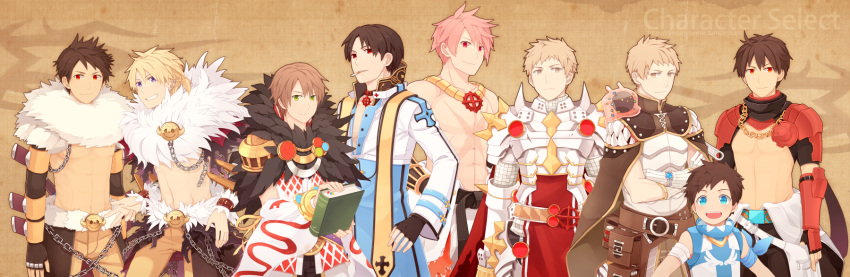 6+boys archbishop_(ragnarok_online) argyle_shirt armband armor bangle bangs belt black_belt black_cape black_gloves black_pants blue_coat blue_eyes blue_shirt blush book bracelet breastplate brown_belt brown_cape brown_eyes brown_hair brown_pants cape chain chainmail character_select cigarette closed_mouth clothes_around_waist coat commentary_request cowboy_shot creator_(ragnarok_online) crossed_arms detached_sleeves dual_persona ear_piercing endo_mame fingerless_gloves flame_print fur_collar gauntlets gloves green_eyes grin hair_between_eyes highres holding holding_book jewelry jumpsuit jumpsuit_around_waist leg_armor living_clothes looking_at_viewer male_focus mechanic_(ragnarok_online) multiple_boys necklace no_nipples open_mouth pants pauldrons piercing pink_hair pouch ragnarok_online red_armor red_cape red_eyes rune_knight_(ragnarok_online) shadow_chaser_(ragnarok_online) shirt shirt_around_waist shirtless short_hair short_ponytail shorts shoulder_armor shrug_(clothing) shura_(ragnarok_online) sleeveless sleeveless_shirt slime_(creature) smile solo sorcerer_(ragnarok_online) spiked_pauldrons super_novice_(ragnarok_online) tabard teeth toned toned_male two-tone_coat two-tone_shirt vambraces vanilmirth_(ragnarok_online) violet_eyes waist_cape white_coat white_gloves white_jumpsuit white_pants white_shirt white_sleeves wing_print wrench